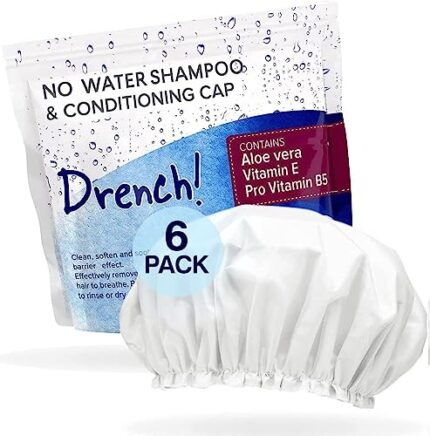 Drench! No Rinse Shampoo Caps - Waterless Shampoo and Conditioner Hair Wash Cap - Dry Hair Washing Aids with Aloe Vera and Vitamins - Pack of 6 Rinse Free No Water Shower Caps