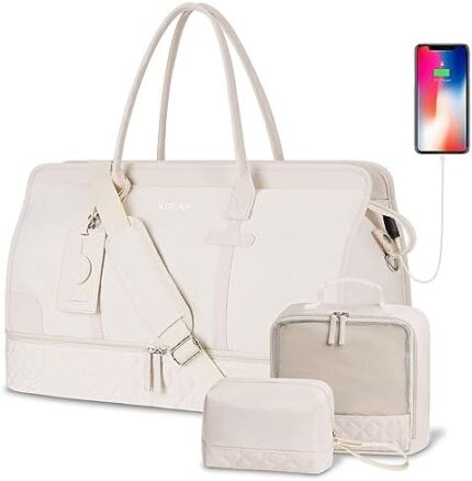 ETRONIK Weekender Overnight Bag for Women, Large Travel Duffle Bag with Shoe Compartment & Wet Pocket, Carry On Tote Bag Gym Duffel Bag with Toiletry Bag, Bag for Hospital 4 Pcs Set, Beige