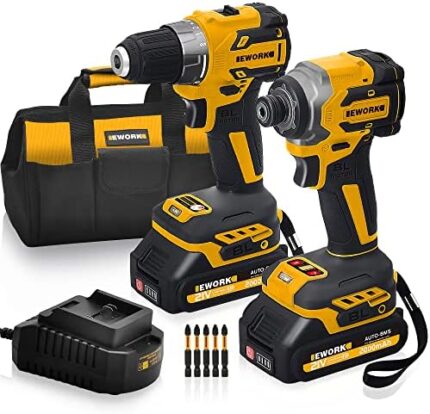 EWORK Cordless Drill and Impact Driver Set - 21V Brushless Compact Power Tool Combo Kits Power Impact Drill Set- Electric Drill with (2) 2.0Ah Batteries, Fast Charger, Tool Bag