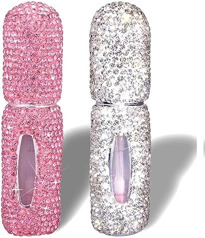 FEENM Perfume Spray Bottle 5ML 2PCS White&Pink Bling Rhinestone Empty Portable Travel Fine Mist Refillable Mini Spray Dispensers for Perfume, Essential Oil