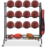 FHXZH Ball Storage Garage, Basketball Racks, Ball Holder, Rolling Sports Equipment Storage Cart with Baskets and Hooks, Garage Sports Equipment Organizer with Wheels