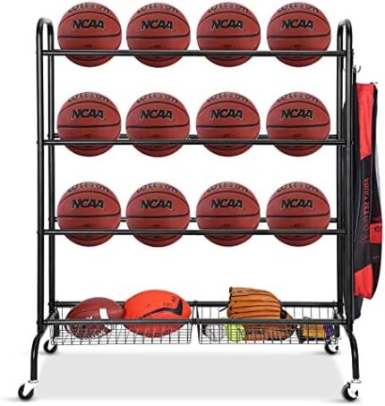 FHXZH Ball Storage Garage, Basketball Racks, Ball Holder, Rolling Sports Equipment Storage Cart with Baskets and Hooks, Garage Sports Equipment Organizer with Wheels