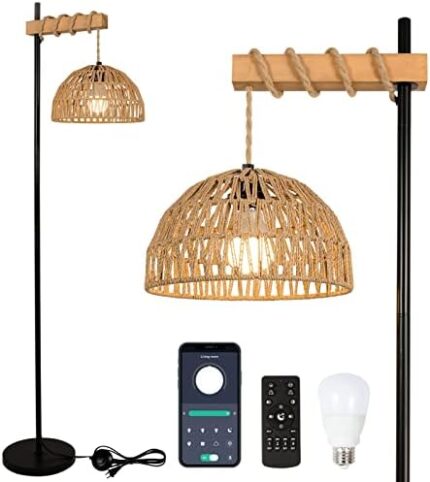 Floor Lamp for Living Room with 3 Color Temperatures and Stepless Dimmer, Smart Floor Lamp with Remote Control & APP, Tall Standing Lamp with Rattan Lampshade, Farmhouse Floor Lamps for Bedroom Office