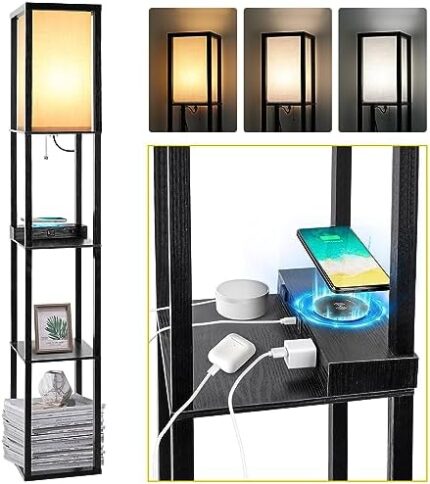 Floor Lamp with Shelves, Black Shelf Floor Lamps with Wireless Charger, Corner Floor Lamp with USB + Type C Charging Ports & 2 AC Outlet, 3 Color Temperature Floor Lamp for Bedroom Living Room Office.
