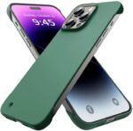 GRECAZO Slim Borderless for iPhone15 Pro Max Phone Case 6.7"(2023) Ultra-Thin Lightweight Frameless Matte Hard PC Cover Case with Pull Ring Shockproof Non Slip Rope,Suppor Wireless Charging-Dark green