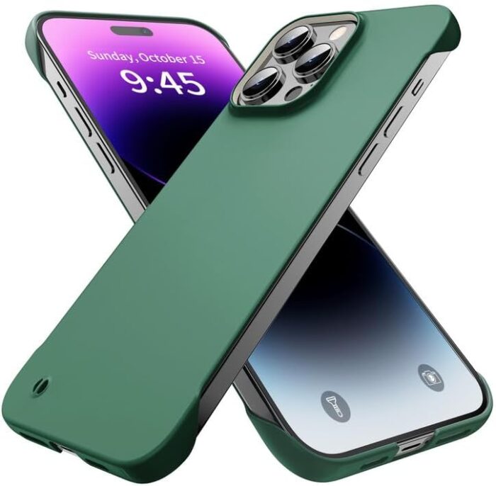 GRECAZO Slim Borderless for iPhone15 Pro Max Phone Case 6.7"(2023) Ultra-Thin Lightweight Frameless Matte Hard PC Cover Case with Pull Ring Shockproof Non Slip Rope,Suppor Wireless Charging-Dark green