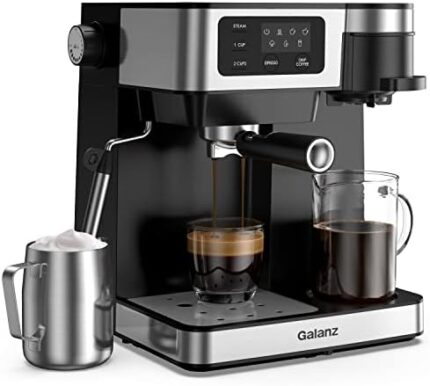 Galanz 2-in-1 Pump Espresso Machine & Single Serve Coffee Maker with Milk Frother, Latte, & Cappuccino Machine, 1.2L Removable Water Tank, LED Display Touch Control, Black with Stainless Steel Trim