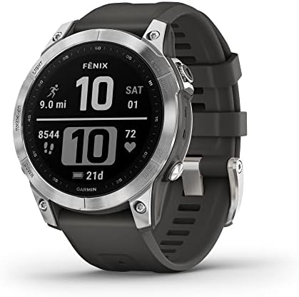 Garmin 010-02540-00 fenix 7, adventure smartwatch, rugged outdoor watch with GPS, touchscreen, health and wellness features, silver with graphite band