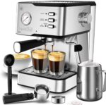 Geek Chef Espresso Machine 20 Bar Pump Pressure Cappuccino latte Maker Coffee Machine with ESE POD filter&Pressure gauge, 1.5L Water Tank 950W, Silver Stainless steel