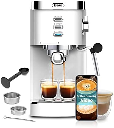 Gevi Espresso Machines 20 Bar Fast Heating Automatic Cappuccino Coffee Maker with Foaming Milk Frother Wand for Espresso, Latte Macchiato, 1.2L Removable Water Tank, 1350W, White