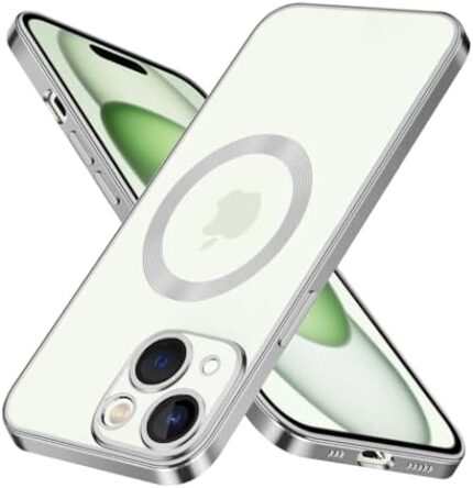 Guuboly Clear Case Design for iPhone 15,Compatible with MagSafe,iPhone15 Case Magnetic with Camera Lens Protector Military Grade Drop Protection Transparent Bumper for iphone15,Silver