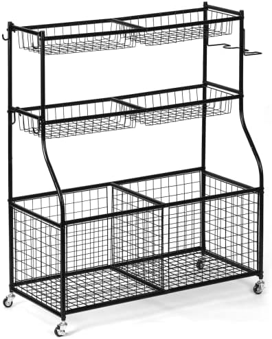HITIK Garage Sports Equipment Organizer, Garage Ball Storage with Baskets and Hooks, Thickened Steel Ball Storage Rack, Rolling Sports Ball Storage Cart, Garage Organizer for Indoor/Outdoor Use, Black