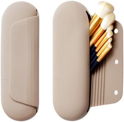 HJYLMM Silicon Makeup Brush Holder Travel Cosmetic Bag：Soft Portable Cosmetic Face Brushes Holder with Upgrade Anti-Fall Out Magnetic Closure, Large Travel Makeup Brush Case - Walnut
