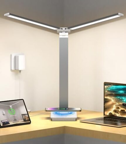 HSicily LED Desk Lamp with Wireless Charger, Double Head Desk Lamps for Home Office, Modern Desk Lamp with USB Charging Port for College Dorm Room, 5 Light Modes Desk Light with Timer, Night Light