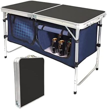 HYMnature Folding Camping Table with Storage Compartment Aluminum Lightweight Camp Kitchen Table Height Adjustable Indoor/Outdoor Table Perfect for Tailgating, Backyards, BBQ,Picnic, Black