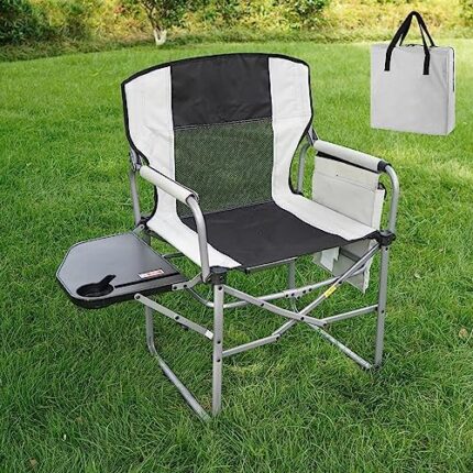 Heavy Duty Folding Camping Chair, Foldable Directors Chair Folding Camp Chairs with Hard Arm for Adults Outdoor, Portable Oversized Lawn Chairs for Outside for Camp Sports Grey