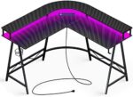 Huuger L Shaped Desk Gaming Desk with LED Lights & Power Outlets, Computer Desk with Monitor Shelves, Home Office Desk Corner Desk with Cup Holder & Hook, Carbon Fiber Black