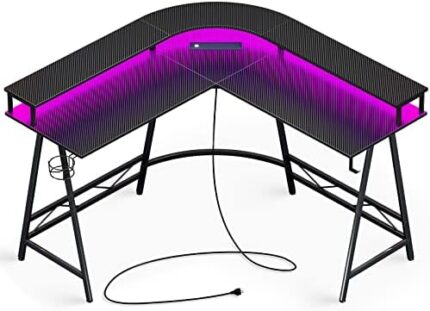Huuger L Shaped Desk Gaming Desk with LED Lights & Power Outlets, Computer Desk with Monitor Shelves, Home Office Desk Corner Desk with Cup Holder & Hook, Carbon Fiber Black