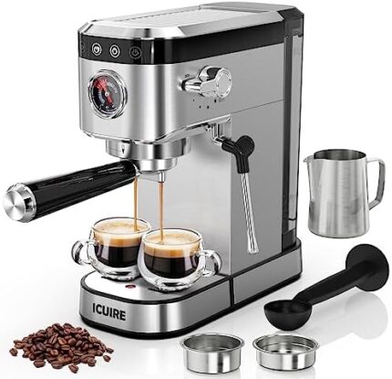 ICUIRE Espresso Machine 20 Bar, Stainless Steel Espresso Maker with Milk Frothing Pitcher, Professional Cappuccino Machine with Milk Frother semi-automatic espresso machine with 1.1L Water Tank