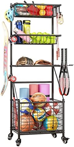 INGIORDAR Garage Sports Equipment Organizer System Ball Gear Outdoor Toy Storage Rack with Baskets Hooks and Wheels Rolling Basketball Racks for Balls，Black