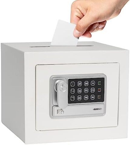 ISLANDSAFE Deposit Electronic Drop Small Safe Box Money Cash Safe with Digital Keypad & Keys，Mini Security Lock Safe Boxes for Coin Home Office Hotel Rooms Business Jewelry Gun (White)