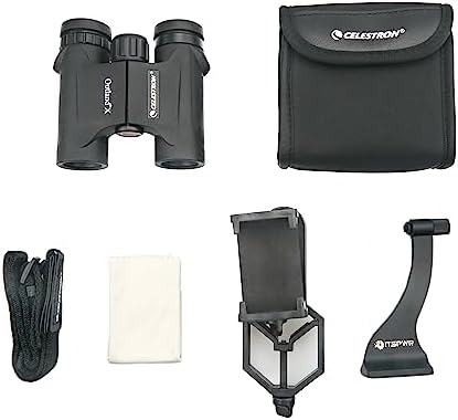 ITSPWR Bundle containing Celestron Outload X 10x25 Compact Binoculars, Multi-Coated Optics, Hunt/Birding Enthusiasts, BaK-4 Prisms, Water&Fogproof, and Telescope Phone Adapter