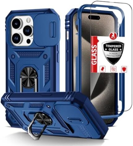 IYTRRYH for iPhone 15 Pro Case Kickstand with 2 Tempered Glass Screen Protectors with Camera Cover &Magnetic Stand Ring Military Grade Drop Shockproof Heavy Duty Protection iPhone15 Pro Case 6.1‘’Blue
