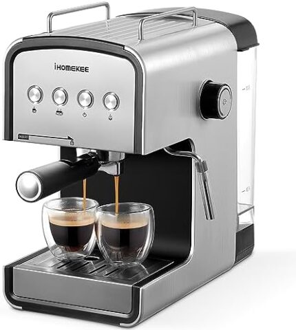 Ihomekee Espresso Machine 15 Bar, Coffee Maker for Cappuccino and Latte Maker with Milk Frother Steam Wand, Fast Heating Coffee Machine for Home, Office - CM6822, Silver
