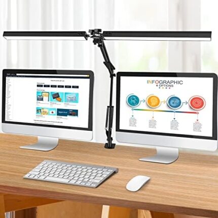 JOSTIC LED Desk Lamp with Clamp, Super Bright Double Head Desk Lamps for Home Office, 5 Color Modes, 10%~100% Dimmable Brightness, Architect Task Desk Light, Modern Swing Arm Workbench Desk Lighting