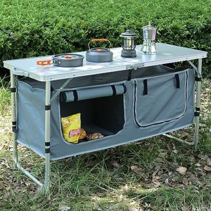 JOUYEY Outdoor Folding Table, Camping Table with Storage Organizer, Portable Aluminum Composite Panel Lightweight Table, 3 Adjustable Height, for Indoor, BBQ, Party, Picnic, Camping, Hiking, Beach