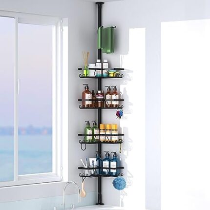 Kerisgo Corner Shower Caddy Tension Pole, 4-Tier Adjustable Shelves with Tension Pole, No Drilling Shower Rack for Bathtub Shampoo Accessories Storage Holder, 53 to 120 Inch Height (Black)