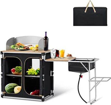 KingCamp Camping Kitchen Table with Windscreen, Camping Sink, Folding Side Table, Storage Organizer Portable Folding Camping Table Outdoor Kitchen Station for Camp BBQ Picnic Backyard