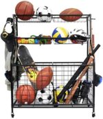 Kinghouse Garage Sports Equipment Organizer, Ball Storage Rack, Garage Ball Storage, Sports Gear Storage, Garage Organizer with Baskets and Hooks, Rolling Sports Ball Storage Cart, Black, Steel