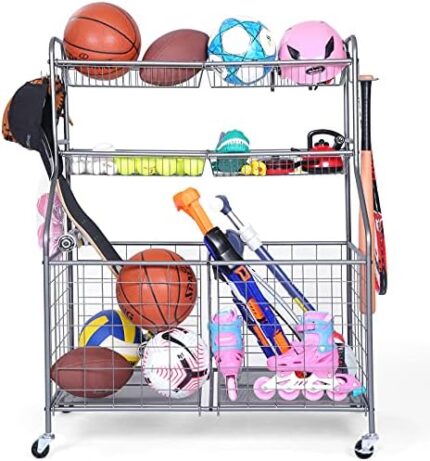 Kinghouse Garage Sports Equipment Organizer, Sports Equipment Storage for Garage with Baskets and Hooks, Rolling Basketball Racks for Balls with Wheels, Outdoor Toy Storage