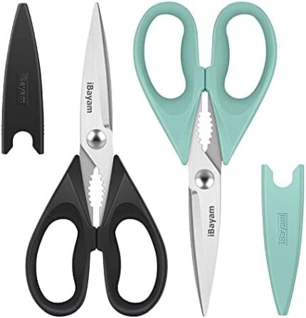Kitchen Poultry Shears, iBayam Meat Scissors Heavy Duty Dishwasher Safe Food Cooking Shears All Purpose Stainless Steel Utility Scissors, 2-Pack, Black, Aqua Sky