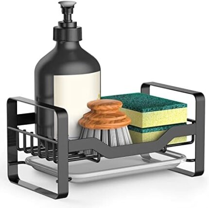 Kitchen Sink Caddy Sponge Holder,Sponge Holder for Kitchen Sink,Kitchen Sink Organizer for Soap Brush Dispenser,Countertop Sink Caddy Organizer with Removable Drain Tray