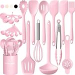 Kitchen Utensils Set, Umite Chef 22Pcs Silicone Cooking Utensils Set, Heat Resistant Silicone Kitchen Spatulas Set with Holder, Cooking Gadgets Tools Set for Nonstick Cookware, Dishwasher Safe(Pink)