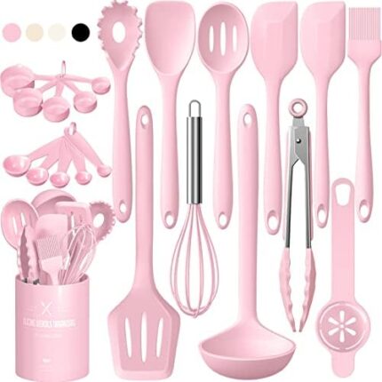 Kitchen Utensils Set, Umite Chef 22Pcs Silicone Cooking Utensils Set, Heat Resistant Silicone Kitchen Spatulas Set with Holder, Cooking Gadgets Tools Set for Nonstick Cookware, Dishwasher Safe(Pink)
