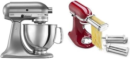 KitchenAid Artisan Series 5 Quart Tilt Head Stand Mixer with Pouring Shield KSM150PS, Contour Silver & KSMPRA Stand Mixer Attachment Pasta Roller & Cutter, 3-Piece Set, Stainless Steel