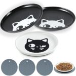 Kitwinney Cat Bowls, Shallow Ceramic Cat Food Bowl and Dish Set, 3 Pack 6" Wide and Whisker Friendly Pet Feeding Plates Saucer with Nonslip Mats for Inddoor Cats, Kitten and Small Dogs