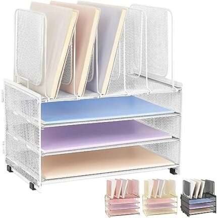 LEKETREE Desk Organizers and Accessories, 3-Tier Paper Organizer with 5 Vertical File Holders, File Organizer for Desk, Desk Accessories & Workspace Organizers (White)