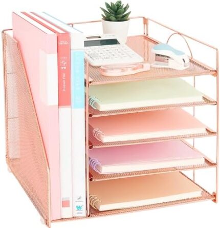 LEKETREE Desk Organizers and Accessories, 5-Tier Paper Letter Tray Organizer with File Holder, Office Supplies for Women, Desk Accessories & Workspace Organizers(Rose Gold)