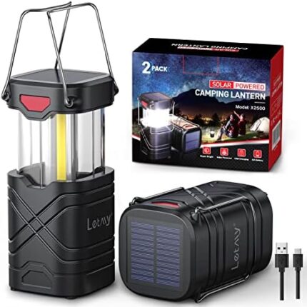 LETMY 2 Pack LED Camping Lantern Rechargeable, Solar Lantern Battery Powered Hurricane Lantern Flashlights Camping Accessories with 3 Powered Ways & USB Cable for Outdoor Indoor Emergency Power Outage