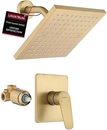 Lavatrum Brushed Gold Shower System, 8 Inch Rain Shower Head with Solid Brass Valve Kit Shower Head Set Wall Mounted