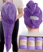 Leporem Oversized (30 inch X 11 inch) 3 Pack Microfiber Towel for Hair - Super Fast Dry & Absorbent Hair Towel for Curly Hair, Hair Caps for Women, Men, Kids (Hydrangea Rich Purple)