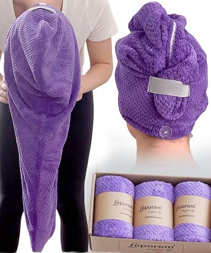 Leporem Oversized (30 inch X 11 inch) 3 Pack Microfiber Towel for Hair - Super Fast Dry & Absorbent Hair Towel for Curly Hair, Hair Caps for Women, Men, Kids (Hydrangea Rich Purple)