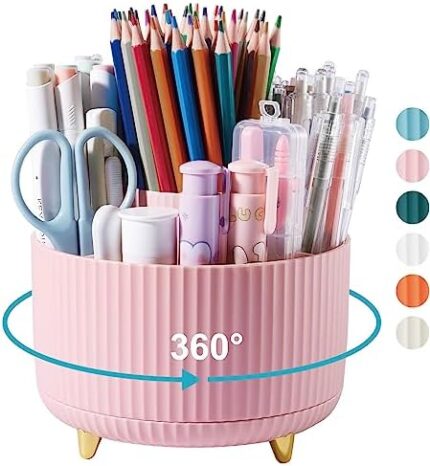 Lolocor 360 Degree Rotating Desk Pen Pencil Holder, 5 Slots Pencil Organizer Desk Organizers and Accessories, Cute Pen Holder for Desk, Pen Organizer Storage for Office School Home Pink