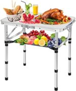 MYCOQU Small Folding Camping Table, 3 Heights Adjustable Portable Camp Tables, 2ft 24''L x 16''W Aluminum Lightweight Picnic Table with Mesh Layer, for Outdoor Indoor Balcony Camp Picnic Beach BBQ