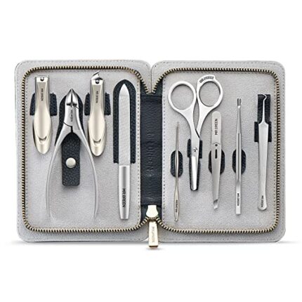 Manicure Set 9 in 1,Professional Pedicure kit,Stainless Steel Manicure Kit,Portable Travel Grooming Kit Nail Care Tools,Nail Clippers Pedicure Tools with Leather Travel Case (black)
