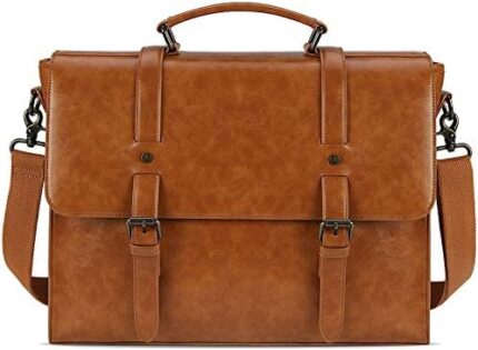 Mens Messenger Bag Vintage 15.6 Inch Waterproof Leather Laptop Briefcase Large Satchel Shoulder Bag Retro Office College Computer Bag, Brown